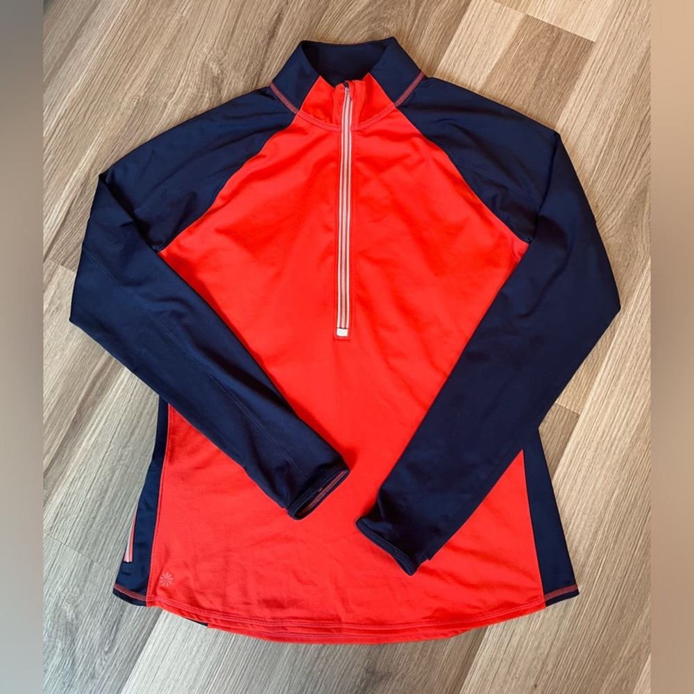 NWOT. Athleta Wild Run Half Zip, Red/Orange and Navy, Size XLT